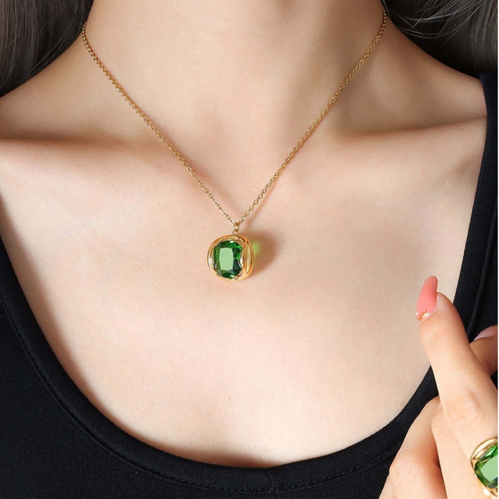 18K Gold Plated Crystal Necklace*Green Emerald Necklace*CZ*ML
